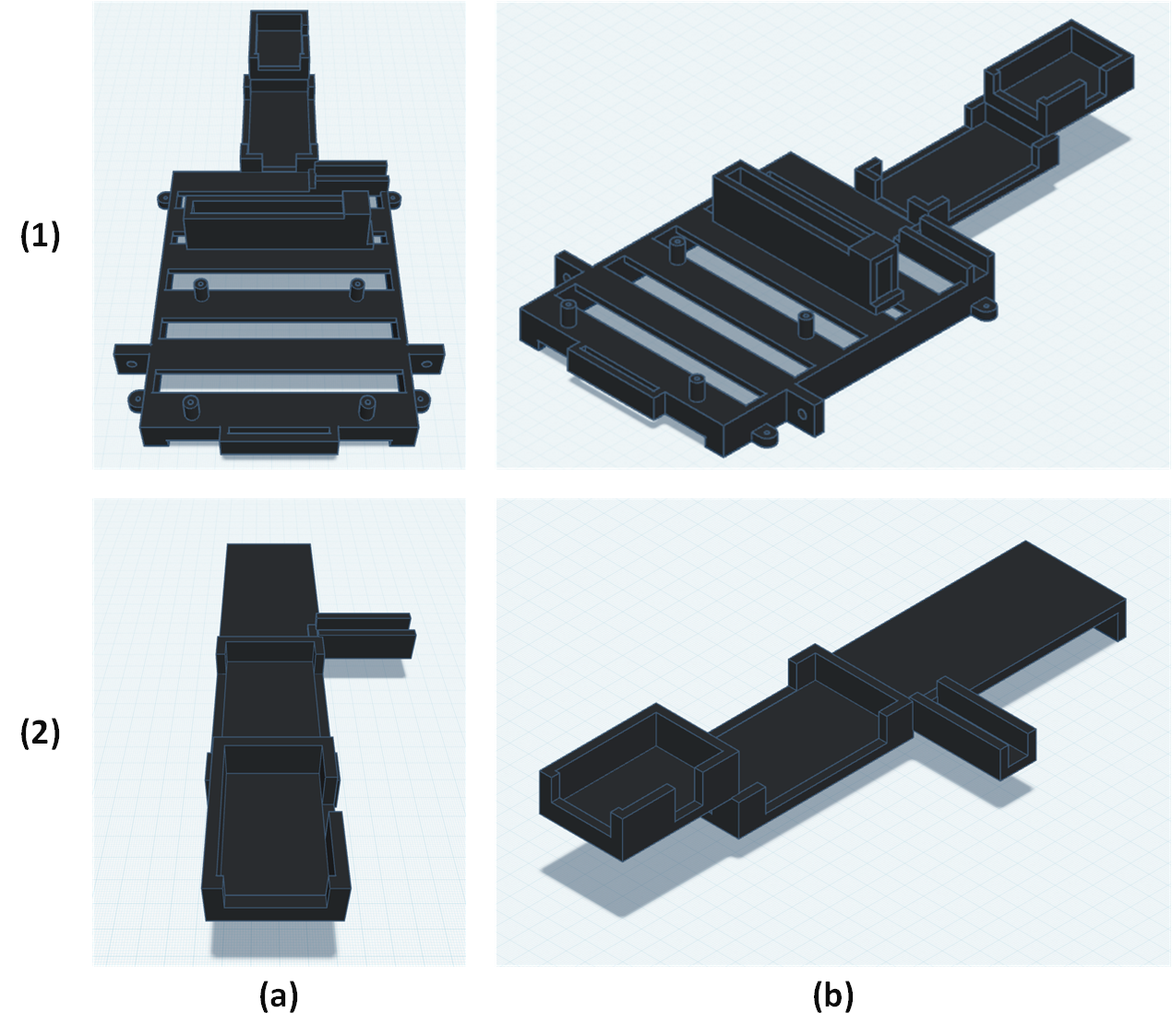 3D-Printed Holder Design for Onboard Electronics: (1) Main holder and (2) optional extension module, each shown in (a) perspective view and (b) flat view.